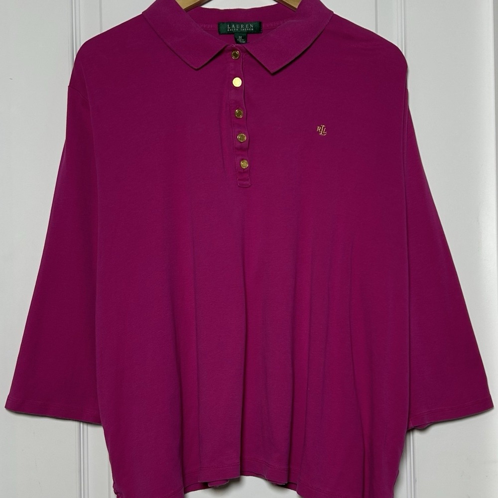 Lauren Ralph Lauren 100% Cotton Magenta 3/4 Sleeve Gold Button Polo Shirt